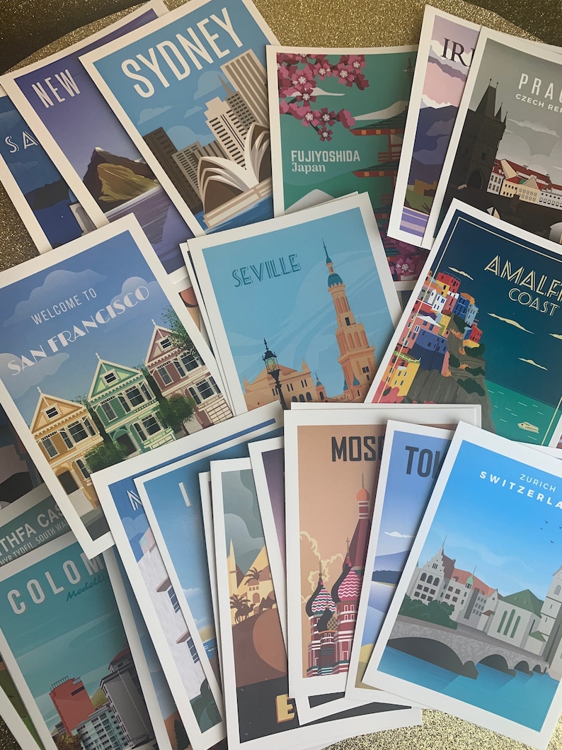 Pack of 32 travel themed postcards great for weddings guest book advice cards table names, post crossing postcards of kindness snail mail image 2