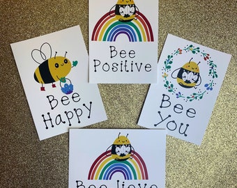 Pack of 16 rainbow bee theme positivity postcards - Four bee-utiful designs - bee you, bee-lieve, be happy, bee positive