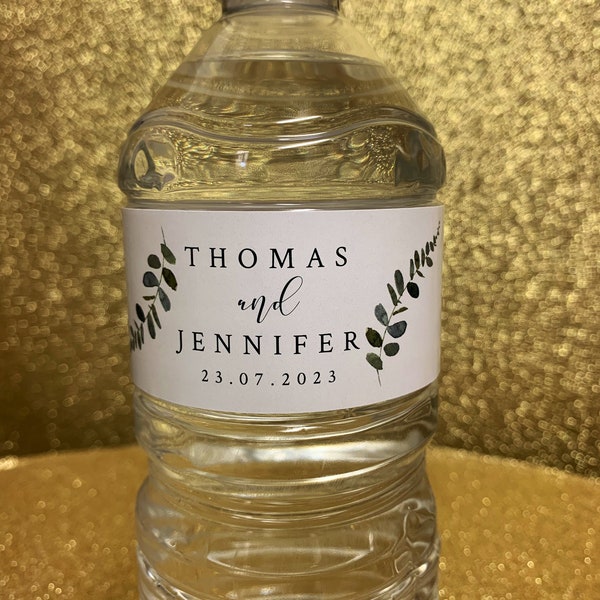 Wedding WATER BOTTLE wraps labels DIY - eucalyptus greenery design - pack 12 personalised with your names and wedding date - favours