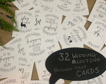 Pack of 32 Wedding Milestone cards - rustic, boho wedding - great engagement gift! Perfect photo props for social media & keepsakes