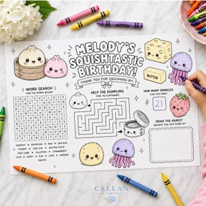 May include: A white activity sheet titled MELODY'S SQUISHTASTIC BIRTHDAY! featuring black line art illustrations of cute food items, a word search puzzle, a maze, and a drawing box. The sheet includes text like THANK YOU FOR SQUISHING BY!