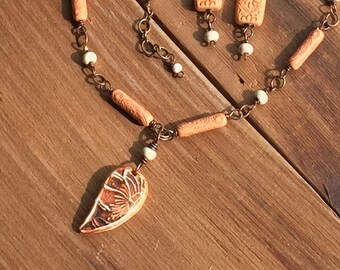 Humblebeads Pendant Necklace, Terracotta, Necklace Earrings Set, Handmade Boho Jewelry, Magnesite, OOAK, Copper Jewelry , Arcturus Creations