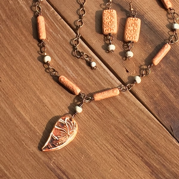 Humblebeads Pendant Necklace, Terracotta, Necklace Earrings Set, Handmade Boho Jewelry, Magnesite, OOAK, Copper Jewelry , Arcturus Creations