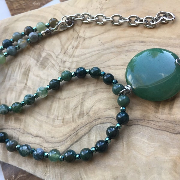 Green Gemstone Pendant Necklace, Multicolor, Green, Handmade Pendant Necklace, Aventurine, Agate, Hematite, Gift for Her, Arcturus Creations