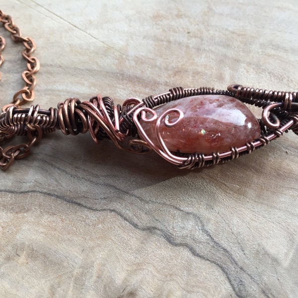 Sunstone Wirewrap Pendant,  Sunstone Pendant Necklace,  Copper Wrapped Wire, Handmade Boho Necklace, Gift for Her, Arcturus Creations