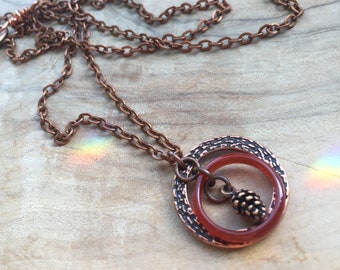 Long Necklace, Copper & Carnelian, Ring Circle Pendant Necklace, Trendy, Boho, Nature Inspired rustic OOAK, gift for her, Arcturus Creations