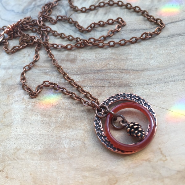 Long Necklace, Copper & Carnelian, Ring Circle Pendant Necklace, Trendy, Boho, Nature Inspired rustic OOAK, gift for her, Arcturus Creations