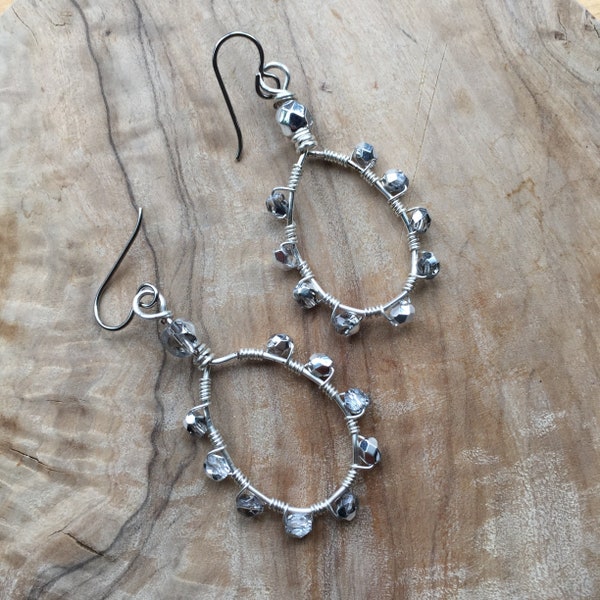 Silver Wrapped Wire Earrings, Big Teardrop Silver Earrings, Niobium Earwires, Handmade, Wirewrap, Sparkly, Gift for Her, Arcturus Creations