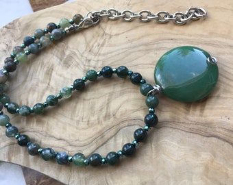 Green Gemstone Pendant Necklace, Multicolor, Green, Handmade Pendant Necklace, Aventurine, Agate, Hematite, Gift for Her, Arcturus Creations