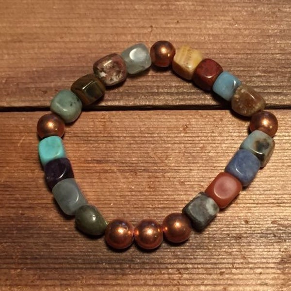 Copper Bead & Multi Gemstone Boho Bracelet, Multicolor Stretch Bracelet. Copper Bracelet, Rustic, Handmade, Gift for Her, Arcturus Creations