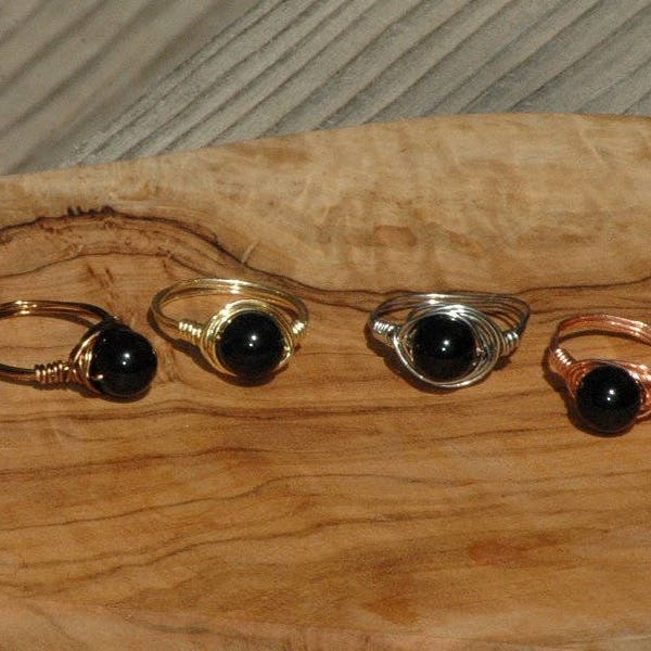 Handmade Onyx Ring, Wire Wrap Ring, Shiny Black Onyx, Sterling Silver Ring, Stainless Steel, copper gemstone ring, Unisex, ArcturusCreations