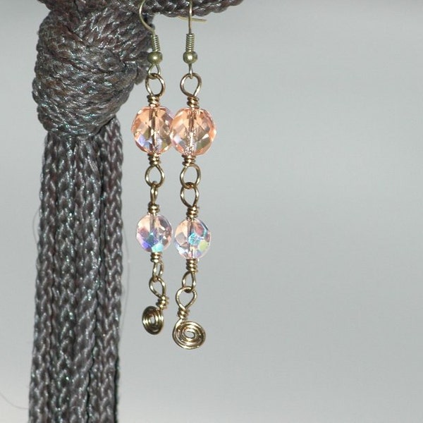 Rose, Pink and Bronze Spiral Earrings, Pink Earrings, Spirals, Rose Earrings, Long Boho Sparkly Jewelry Earrings, Arcturus Creations,