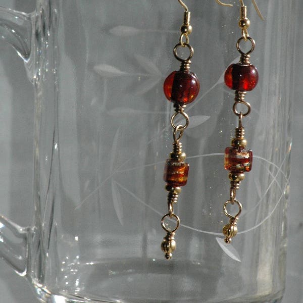 Red Gold Long Earrings, Handmade Earrings, gypsy bead earrings, Red earrings, colorful boho jewelry, gift for her, Arcturus Creations