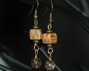 Cube and Sphere Caramel and Honey Tones with Brass Dangle Earrings (OOAK) boho gypsy geometric nature inspired art deco