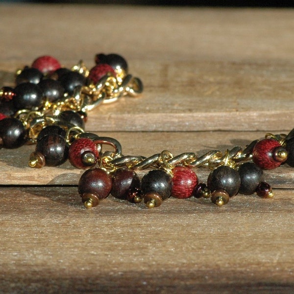 Handmade Bracelet - Gold Chain & Wood Bead Boho Charm Bracelet; Gold Black Red Bracelet, Handmade Jewelry, Gift for Her, Arcturus Creations