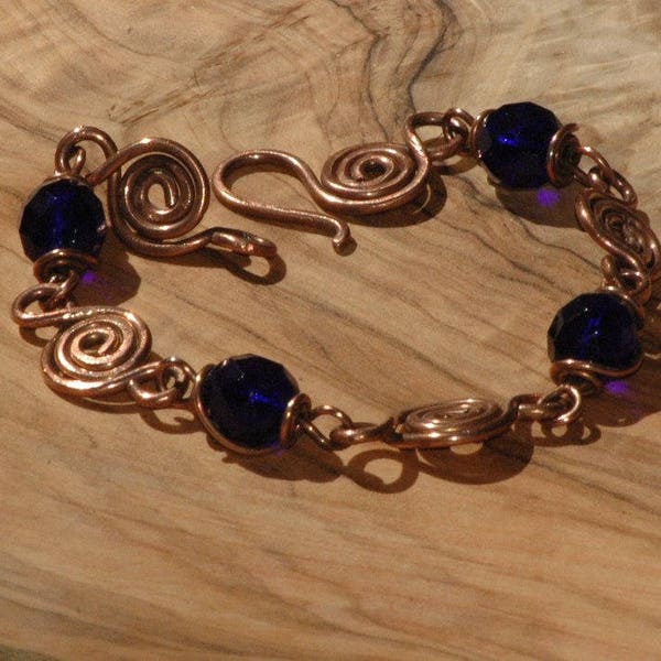 Copper Bracelet, Cobalt Blue, Czech Bead, Handmade Copper jewelry, spirals bracelet, OOAK handmade jewelry, gift for her, arcturus creations