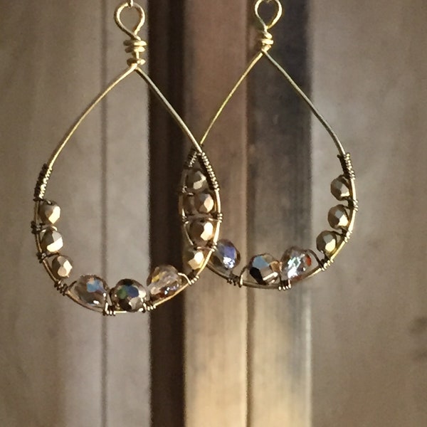 Big Teardrop Earrings, Large Hoop Earrings, Gold, Brass, Wire Wrapped, Czech Glass, Handmade OOAK Earrings, Gift for Her, Arcturus Creations