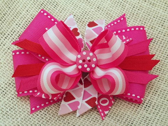 Items similar to Pink Valentine's hair bow, layered bow, pink white and
