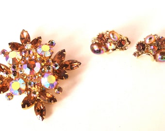 Vintage Lisner Rhinestone Topaz Brooch and Earrings