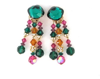 Vintage Emerald and Purple Hanging Cocktail Earrings