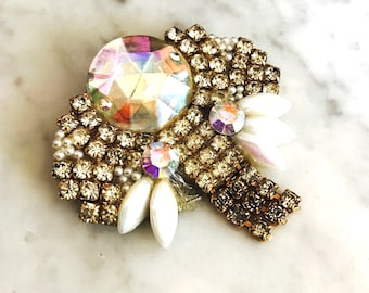 Broche Vintage Strass Signée AF PARIS - Bijou Fantaisie Costume Jewelry, Occasion