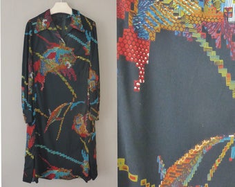 70s boho dress. S size. Elegant multicolor polyester shirt dress, fully lined was custom made in Greece. In excellent vintage condition.