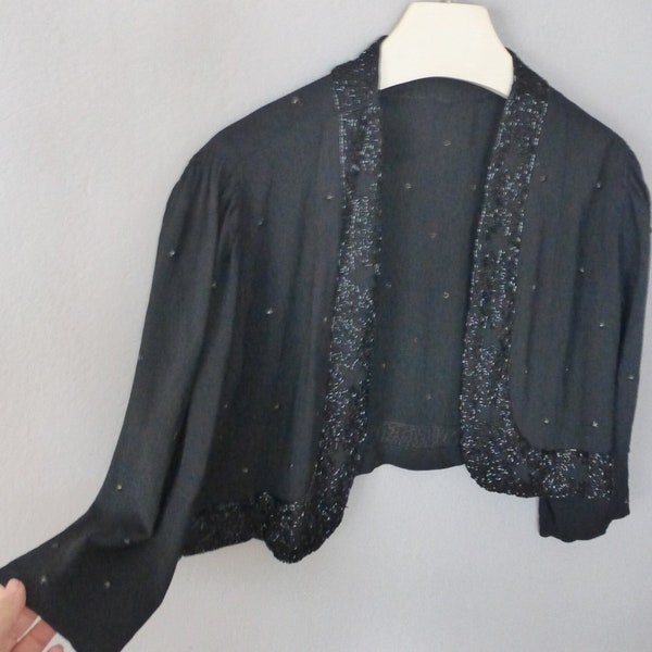 90s taffeta bolero. XL size. Special occasion black shrug with embroidered stars fine designs, 3/4 sleeves. Excellent vintage condition.