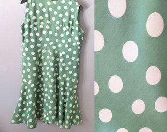 80s party dress. L size. Polyester green / beige polka dot low waist dress, custom made in Greece. In a good vintage condition.