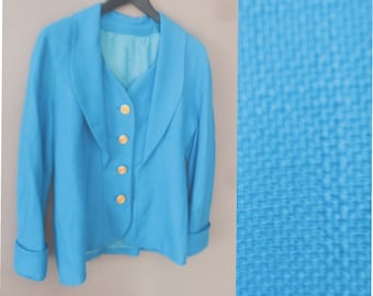 60s formal blazer. L size. Turquoise linen fully lined high waisted outwear, golden elegant buttons. Excellent vintage condition.