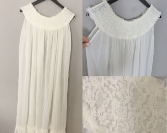 80s night gown. XL size. White soft nylon transparent sexy long homewear, made in Greece. In a very good vintage condition.