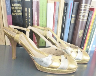90s party heels. 7.0 US size. Glossy gold - silver leather light weight high heels, inner lining leather. Excellent vintage condition.