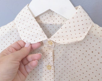 60s polka dot shirt. L size. Peter pan collar vintage synthetic blouse, beige color with mocha brown dots. In a very good vintage condition.