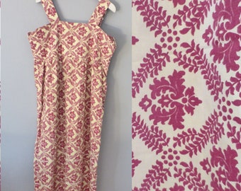 80s retro dress. L / XL size. Beige/ dark red leaves patterns dress with wide straps, made from thick cotton. Excellent vintage condition.