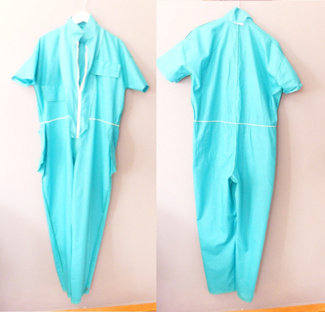 80s Summer Jumpsuit. ΧL Size. Turquoise Cotton Short Sleeve Jumpsuit ...