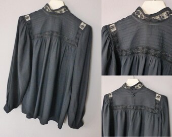 70s Mario Pucci Cecconi blouse. XL size. Black poly high neckline top with elegant lace on top, made in Italy. Excellent vintage condition.