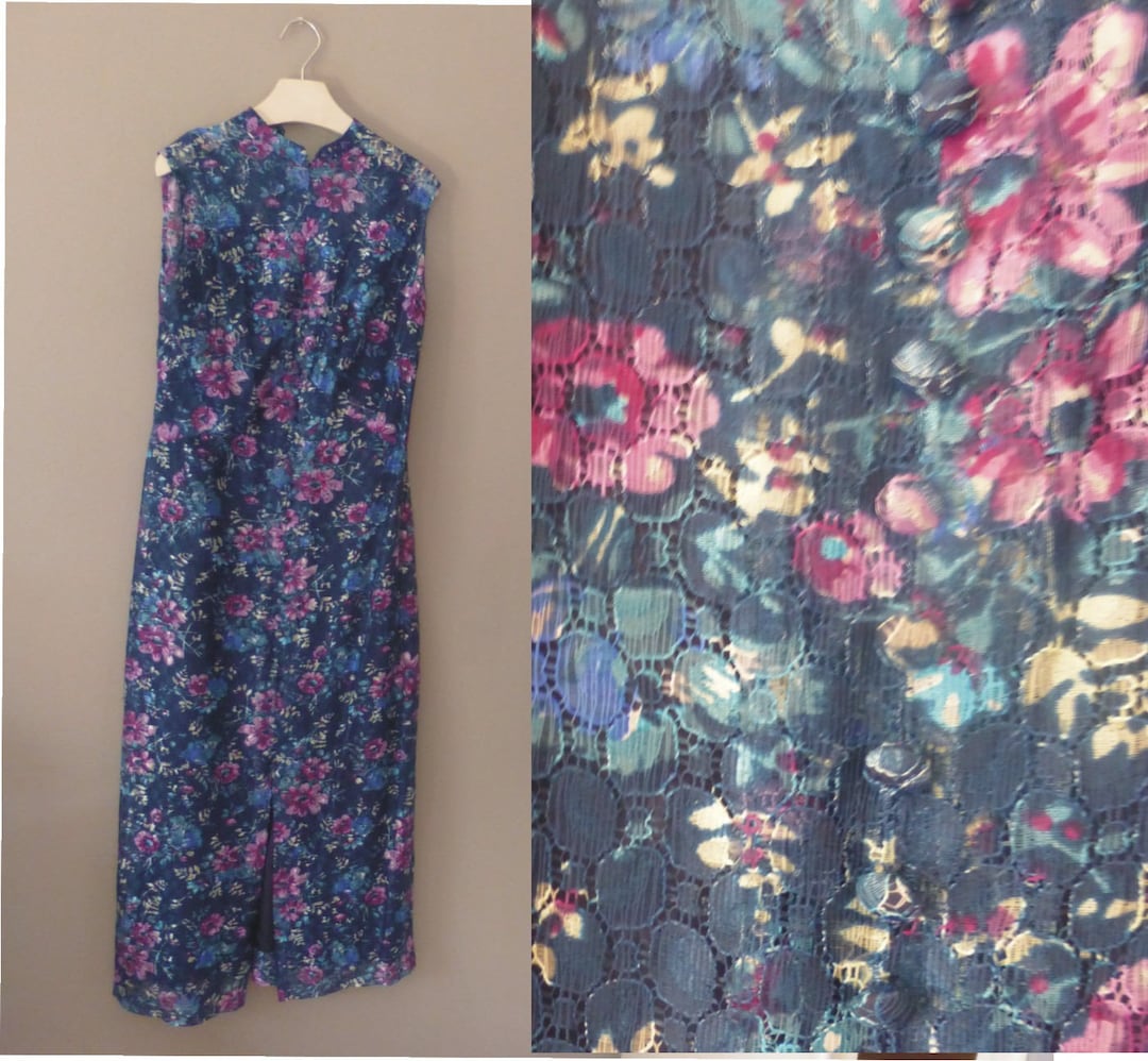 70s Boho Dress. XL Size. Elegant Sleeveless Blue Maxi Lace Dress With ...