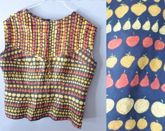 60s coctail blouse. EU size L. Black sleeveless polyester custom made party top with multicolor fruit patterns. Excellent vintage condition.