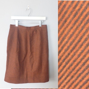 70s secretary skirt. L size. Pure new wool brick orange/ brown striped winter midi skirt, fully lined. In excellent vintage condition.