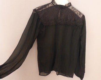 50s silk blouse. M size. Black transparent sexy long sleeve top with elegant lace on top, pleated details. In a very good vintage condition.