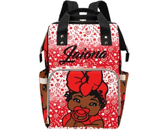Red African American Baby Girl Backpack Personalized Diaper Clothing Bottles Bag Print Baby Shower Gift Mommy Daddy Afro