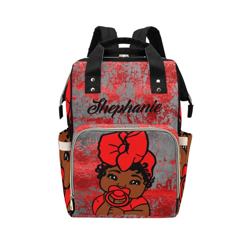 African American Baby Girl Red Backpack Diaper Bag Personalized Diaper Clothing Bottles Bag Print Baby Shower Gift Mommy Daddy Black Afro bild 1
