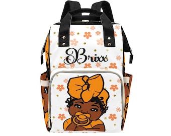 Orange Floral African American Baby Girl Backpack Personalized Diaper Clothing Bottles Bag Print Baby Shower Gift Mommy Daddy Afro