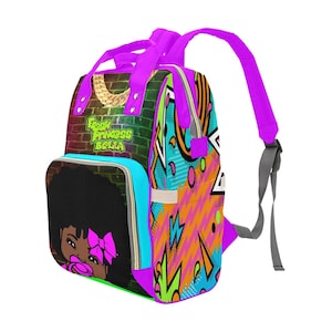May include: A vibrant backpack with a colorful design. The bag features a cartoon illustration of a girl with an afro and a pacifier. The backpack has a neon green, pink, and orange geometric pattern. The text "Fresh Princess Bella" is displayed on the front.