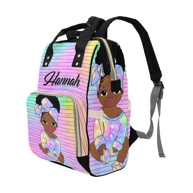 Multicolored Printed African American Baby Girl Backpack Personalized Diaper Clothing Bottles Bag Print Baby Shower Gift Mommy Daddy Afro