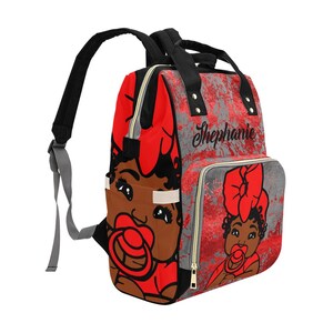 African American Baby Girl Red Backpack Diaper Bag Personalized Diaper Clothing Bottles Bag Print Baby Shower Gift Mommy Daddy Black Afro bild 2