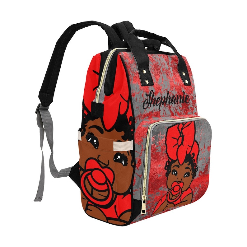 African American Baby Girl Red Backpack Diaper Bag Personalized Diaper Clothing Bottles Bag Print Baby Shower Gift Mommy Daddy Black Afro bild 2