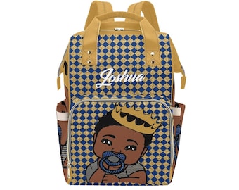King African American Baby Boy Backpack Navy Gold Diaper Bag Personalized Diaper Bottles Bag Print Baby Shower Gift Mommy Daddy Black Afro