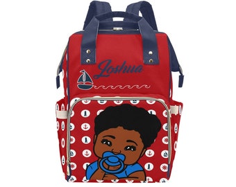 Nautical Boy Diaper Bag African American Baby Girl Backpack Personalized Diaper Clothing Bottles Bag Print Baby Shower Gift Mommy Daddy Afro