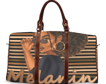 May include: A duffel bag with a graphic of a woman wearing sunglasses and gold hoop earrings. The bag has brown leather handles and straps. The word "Melanin" is printed in gold script across the bottom of the bag. The background has horizontal stripes in shades of brown and black.