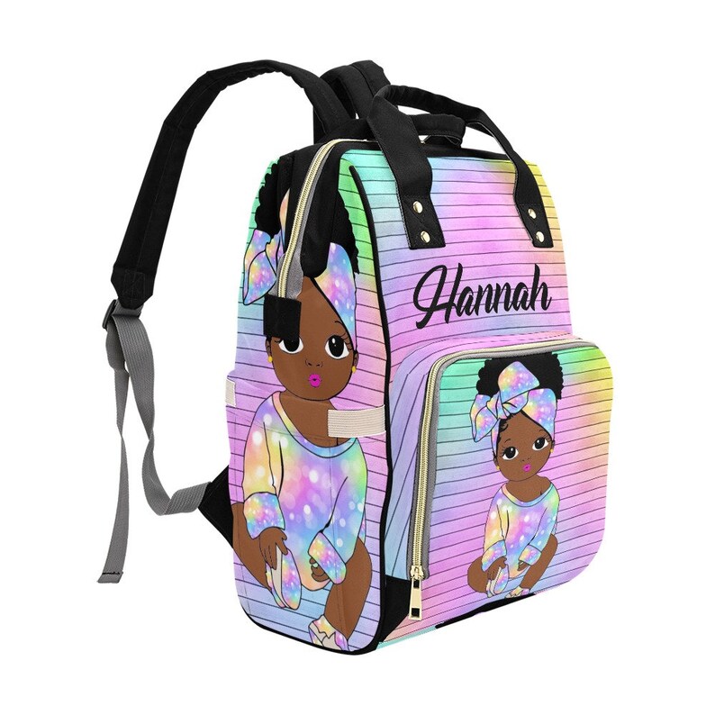 Multicolored Printed African American Baby Girl Backpack Personalized Diaper Clothing Bottles Bag Print Baby Shower Gift Mommy Daddy Afro